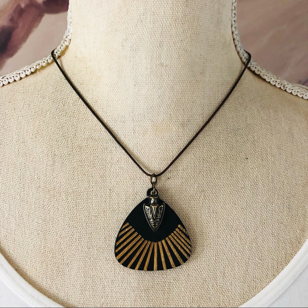 Boho style arrowhead charm wood disc pendant on chain necklace
